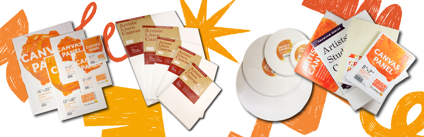 Image of various Above Ground Art Supplies house brand canvases. This includes the Studioworks Canvas Series, The Premium Series Linen Canvas, Studioworks Round Canvas, and a medley of other art canvas offerings. The perfect painting surface, or canvas panel displays.